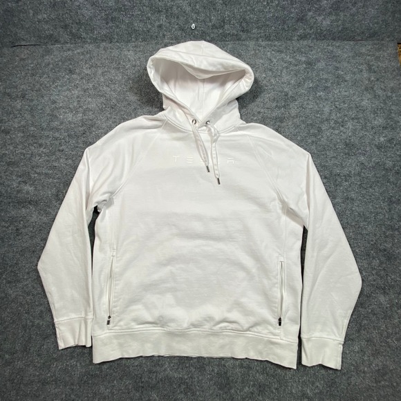 Tesla Motors Mens XL White Pullover Hoodie Side Zip Pockets Raglan Sweatshirt